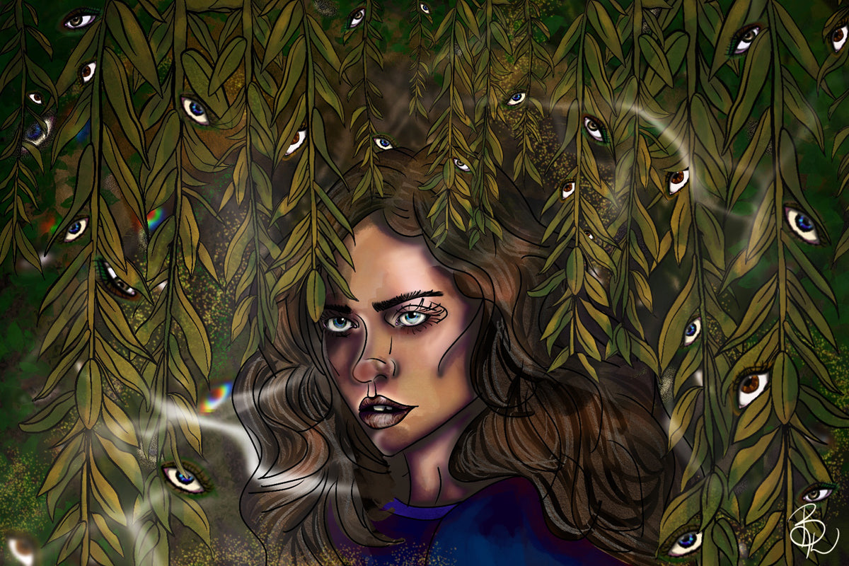digital painting, eerie, feeling watched in a forest